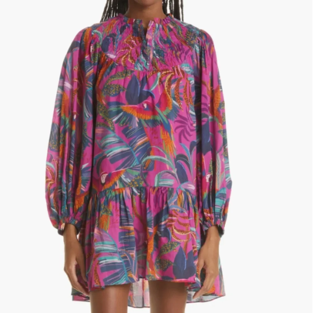 NWT $195 FARM Rio Rainbow Macaws Long Sleeve Minidress, RAINBOW MACAWS, Small!
